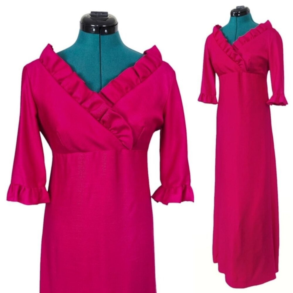 1960s Maxi Dress Fuschia Pink 60s Vintage Gown ILGWU Bow Ruffles Small Formal